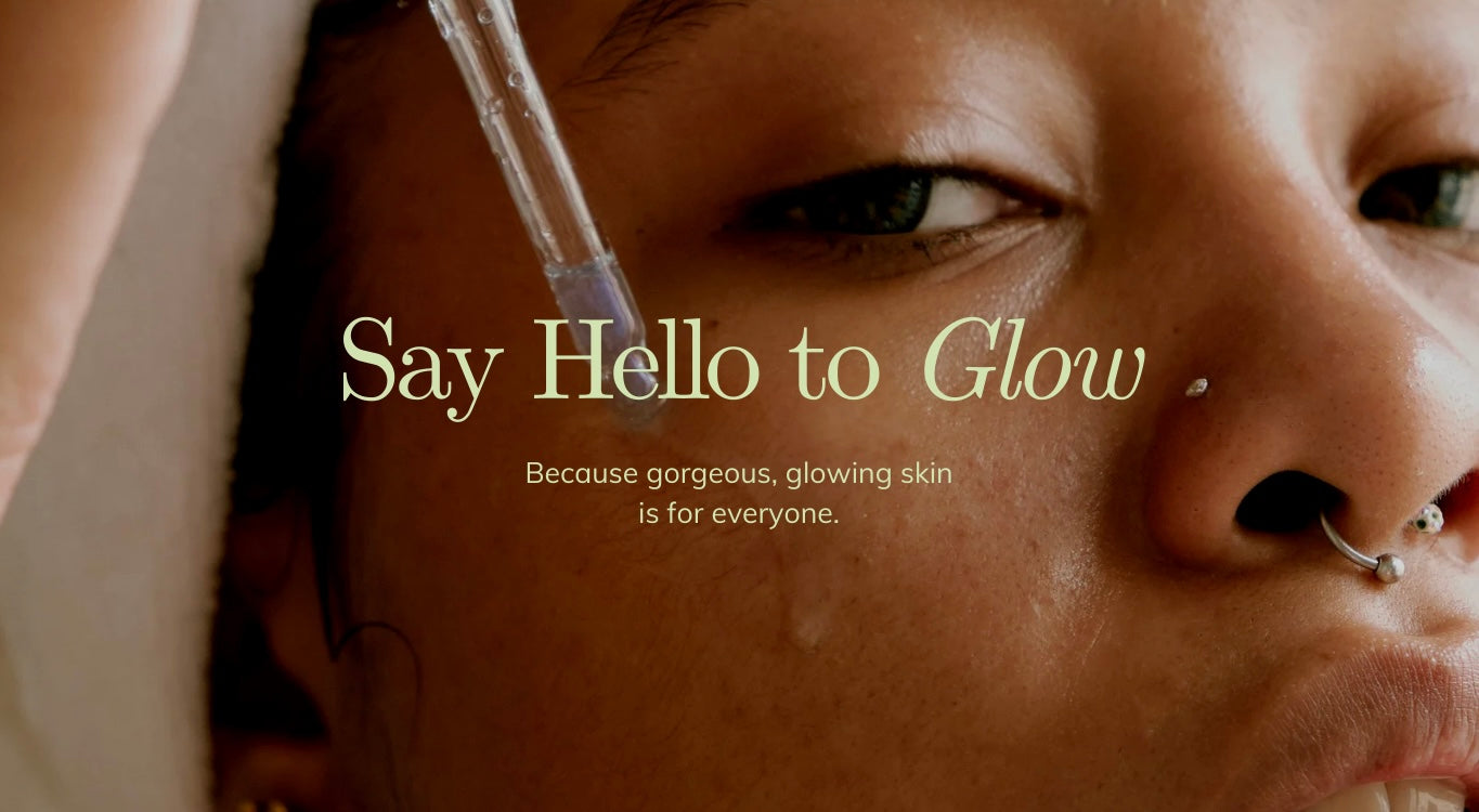 Close-up of a person's face with text 'Say Hello to Glow' and a dropper over their eye.